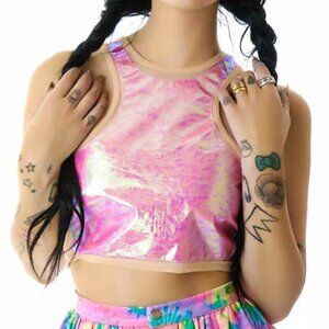 UNIF pink PLUR festival metallic crop tank top